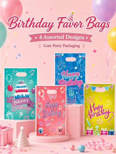 50pcs Happy Birthday Gift Bags, Colorful Birthday Party Favor Bags With Handles, Cartoon Celebration Candy Gift Packaging Bags, Suitable For Snacks, Cookies, Pastries, Desserts, Return Gifts And Party Supplies