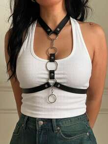 Black PU Leather Bondage Collar & Body Harness With Metal Rings, Adjustable Buckle, Gothic Y2K Style Top Accessory, Essential Body Chain For Clubwear - Multicolor - View 5