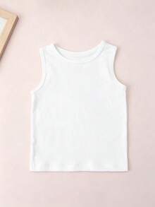 10 piezas Camiseta sin mangas de unicolor para niña joven, unicolor, estilo versátil y sencillo adecuado para primavera y verano - Blanco - Ver 4