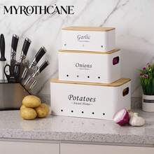 Myrothcane 3pcs Bamboo Lid Potato Onion Garlic Storage Bins, Ventilated Metal Vegetable Storage Containers, Stackable Farmhouse Style Kitchen Countertop Produce Organizer, Suitable For Pantry Storage - White - View 9