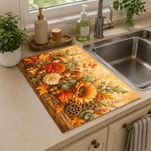 1pc Autumn Floral Harvest Pattern Diatomaceous Earth Kitchen Dish Drying Mat, Fast-Absorbing Quick-Dry Non-Slip Dish Drying Mat & Coffee Machine Mat, Suitable For Kitchen Countertop, Dining Table And Thanksgiving Home Decor - Multicolor - View 3
