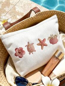 2D Shell And Starfish Pattern Printed Makeup Bag Travel Storage Pouch, Suitable For Beach, Swimming Pool, Swimwear, Travel Storage Bag, Makeup Bag, Cosmetic Bag, Vacation Storage Bag, Large Capacity Makeup Bag Can Hold Lipstick, Brushes, Skincare Products, Phone, Coins, Small Items, Multi-Purpose Home, Gift, Vacation And Holiday, Toiletry Bag, Student Makeup Bag, Halloween And Christmas Gift - Multicolor - View 4