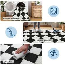 Weicher Rauten-Karo-Läuferteppich, pastellfarbener, waschbarer dünner Teppich, rutschfestes Büffelkaro für Eingangsbereich, Schlafzimmer, Flur, Wäscherei, Gästetoilette - Schwarz und Weiss - Übersicht 8