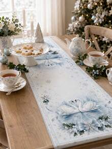 1pc Blue White Winter Swan Table Runner, Elegant Linen Rectangular Snowflake Holly Ribbon Lake Swan Printed Tablecloth Cover For Dining Table, Kitchen, Buffet, Christmas Dinner, Holiday Party And Winter Home Decor - Multicolor - View 5