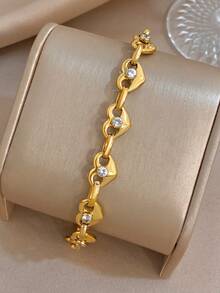Set/1Pc Luxury Elegant Stainless Steel Zirconia Flower Heart Link Bracelet With Single Diamond Dainty Jewelry For Women,Party,Daily/Christmas,Boho/Y2K - Multicolor - View 9