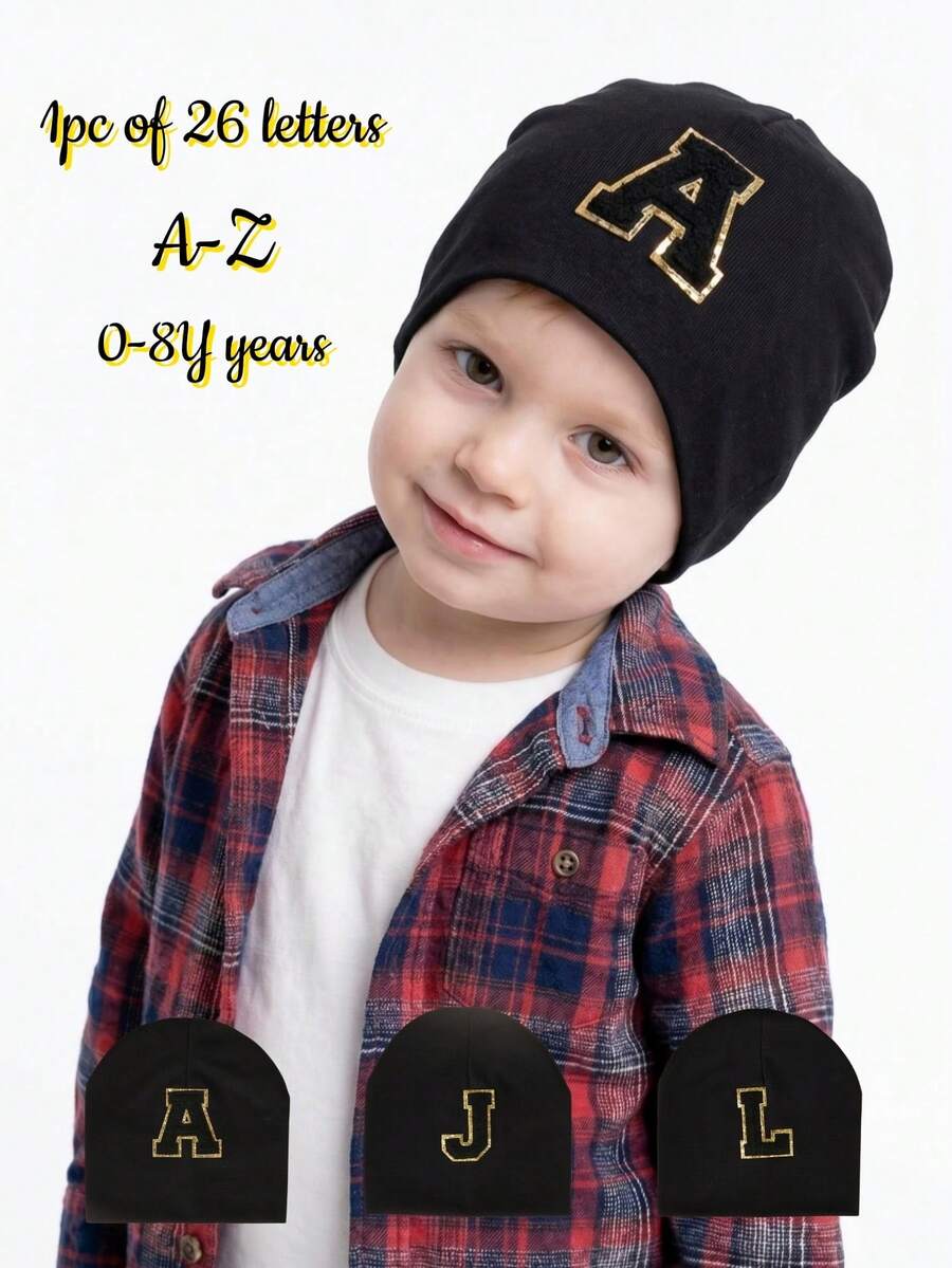 1件中性嬰兒與兒童 A-Z 首字母客製化純色棉質保暖針織帽,生日禮物,日常居家與戶外穿著,四季皆宜 - 黑色 - 查看 1