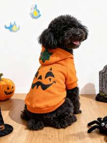 LUCKIE PAW 1pc Halloween Funny Pumpkin Pattern Pet Sweatshirt, Physical Flea Protection, Reduces Shedding, Warm & Breathable, Suitable For Small And Large Dogs And Cats, Indoor And Outdoor - Orange - View 5