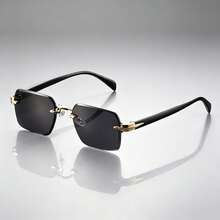 Unisex Luxury Frameless Square Glasses, Metal Gold Decor Spliced Temple, Solid Black Transparent Lenses, Minimalist High-End Accessory For Daily Commute And Street Style - All Gray C1 - View 1