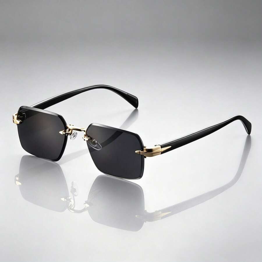 Unisex Luxury Frameless Square Glasses, Metal Gold Decor Spliced Temple, Solid Black Transparent Lenses, Minimalist High-End Accessory For Daily Commute And Street Style - All Gray C1 - View 1