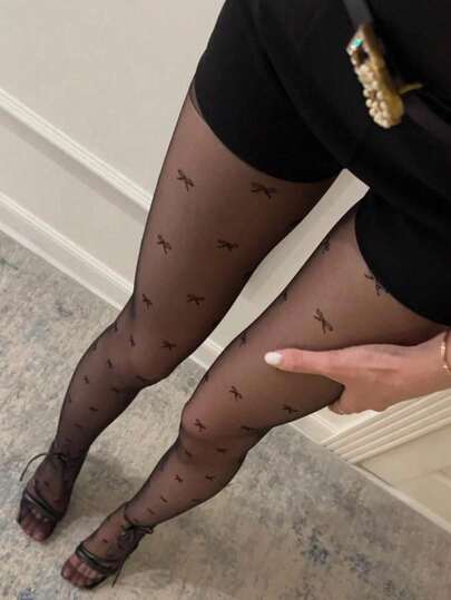 1/2/3 Pairs Women's Solid Color Ultra-Thin Bow Jacquard Tights, Ultra-Thin Transparent Slim Fit Pants, Fashion Nightclub Essential Item