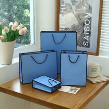 5pcs Blue Gift Bags With Ribbon Handles And Black Edges, Lightweight Foldable Vertical Bags, Suitable For Weddings, Retail, Parties, Birthdays And More - Blue Background With Black Border - View 5