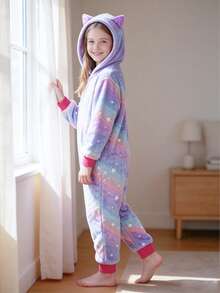 Tween Girl Purple Starry Sky Cat Ear One-Piece Loungewear - Multicolor - View 4