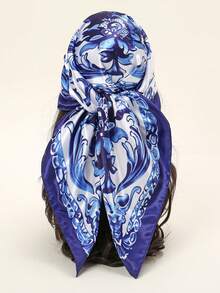 1PC Women's 2026 Spring/Summer Fashion Palace Style Luxurious Geometric Satin Print Bandana, Versatile For Daily Wear - White and Blue - View 8