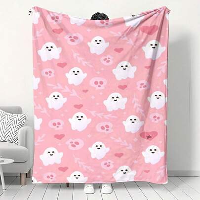 1 Buah Selimut Flanel Lembut Berwarna Pink dengan Motif Kartun Hantu Kecil, Kerangka, Hati, Ranting, dan Daun, Gaya Gadis Manis dan Keren, Suasana Halloween untuk Ruang Tamu, Sofa, Kamar Tidur, Selimut Lembut dan Menggemaskan untuk Tidur Siang, Hadiah untuk AC