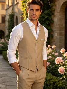 Vest For Men Solid Formal Suit Waistcoat With Wide Pockets For Business Wedding Party Outfit To Match Men Suits - Champagne - View 8