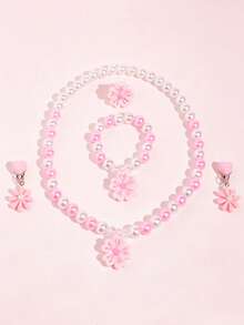 5pcs/Set Floral Faux Pearl Jewelry Necklace Bracelet Ring Clip-On Earrings For Girls Princess Party Dress-Up Gift - one-size - View 7