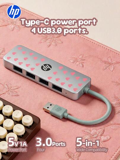 Cadeau de rentrée scolaire -- Station d'accueil USB-C 4-en-1 HP -- Adaptateur/Splitter de charge Type-C PD (prend en charge HDMI 4K), port de charge USB intégré, port Ethernet, adaptateur secteur et fonction de station de charge 5V 0,5A, convertisseur pour ordinateur portable (compatible avec divers ordinateurs portables, MacBook Pro, IMac, IPad Pro et autres appareils à interface USB-C.), station d'accueil multi-ports (design en forme de cœur)