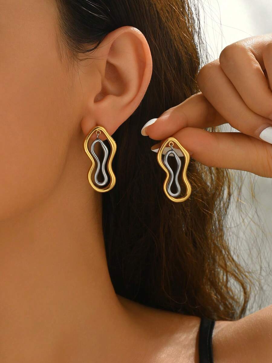 1 Pair Minimalist Fashion Stainless Steel Gold & Silver Contrast Earrings For Women, Suitable For Daily Wear - Multicolor - View 1