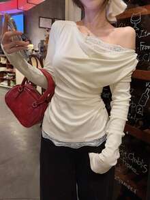 Draped Neck Pleated Long Sleeve Layered Lace Patchwork T-Shirt - Apricot - View 2