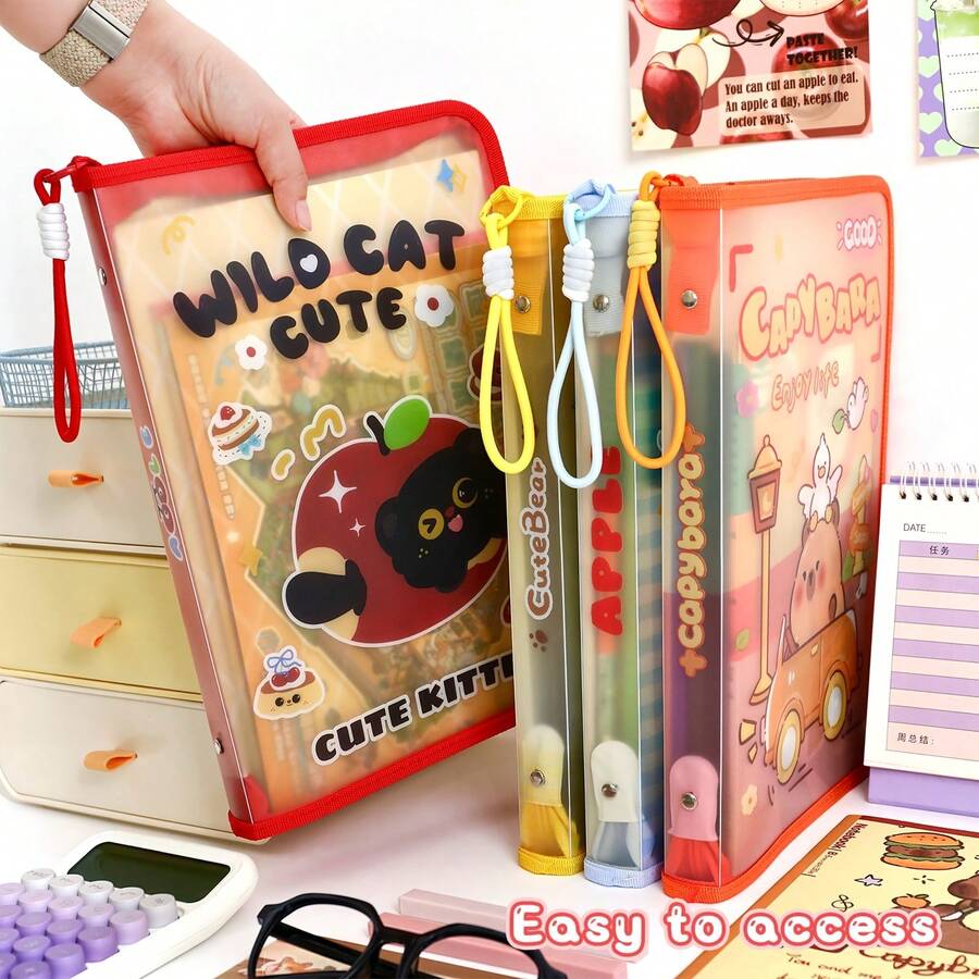 1pc Cute Animal A4 File Bag, Cute Cartoon Zipper File Storage Bag, Waterproof Large Capacity Handheld Storage Bag, Portable Folder, Suitable For School, Office, Study And Travel - One Size Fits All - View 1