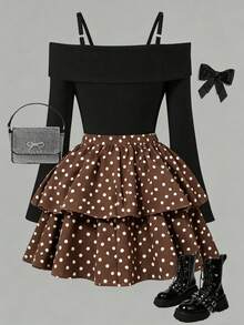 Girls' Fashionable Elegant 2-Piece Set With Off-Shoulder Spaghetti Strap Top, Contrast Bow Decor, Double Layer Polka Dot Print Tiered Skirt - Brown - View 2