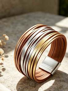 1pc European And American Style PU Leather Bracelet, Fashionable Commuter For Women - Gold, Silver, Brown, Multi-pack - View 3