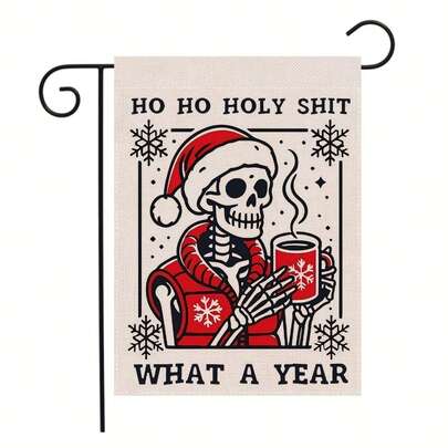 1pc Christmas Theme Garden Flag, 12x18 Inch, "Ho Ho Ho Christmas This Year Is Great" Skeleton Design Pattern, Suitable For Outdoor And Indoor Decoration, Yard, Home, (Flag Pole Not Included), Single-Sided Print