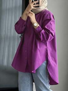 女款優雅長袖格紋襯衫領前開鈕扣休閒上衣，梭織面料，秋季款 - 紫丁香色 - 查看 4