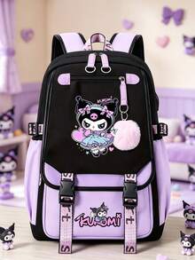 SANRIO Kawaii Kuromi Print Backpack, Contrast Color Large Capacity Multi-Pocket School Bag, Preppy Durable Daypack For Daily Commute Back To School Travel - Multicolor - View 4