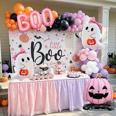 141pcs/Set Pastel Halloween Decoration Balloon Arch Kit, Includes Black, White, Orange, Purple, Pink Latex Balloons, Bows, Ghosts, Pumpkins And Letter Balloons; Suitable For Bow Theme Party, Background Decoration, Halloween Party, Cute Ghost BOO Decoration Supplies