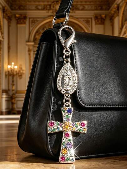 Breloc-cheie cu cruce florală din argint cu pietre prețioase, asociat cu diamante, stil european și american de lux, elegant, cu stras, charm pentru geantă, inel pentru chei, potrivit pentru portofel de damă, pandant mic pentru chei, cadou de Ziua Îndrăgostiților și Crăciun, amuleț creștin cu diamante, accesoriu pentru geantă, pandant decorativ pentru portofel și rucsac, accesoriu pentru husa căștilor, breloc decorativ pentru bagaje și mașină, accesoriu individual cu perle, diamante și elemente romantice
