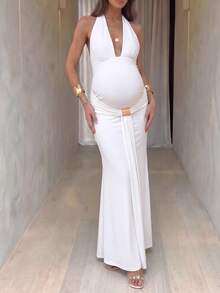 Bump Style Women's White High Elasticity Halter Neck Maxi Dress: Ruched Waist Formal Gown, Suitable For Baby Shower, Wedding Guest And Maternity Photoshoot - White - View 8