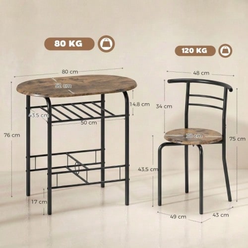 3-Piece Dining Set, Kitchen Table And 2 Chairs With Shelf, Living Room, Black Marble Look - Rust Brown - View 3