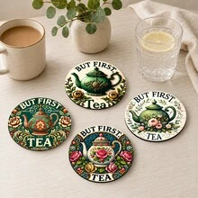 6入組復古花卉茶壺印花圓形杯墊，5英吋 8/24套防滑橡膠底咖啡杯墊，適用於廚房、餐桌、辦公室、咖啡廳與茶會裝飾 - 彩色 - 查看 7