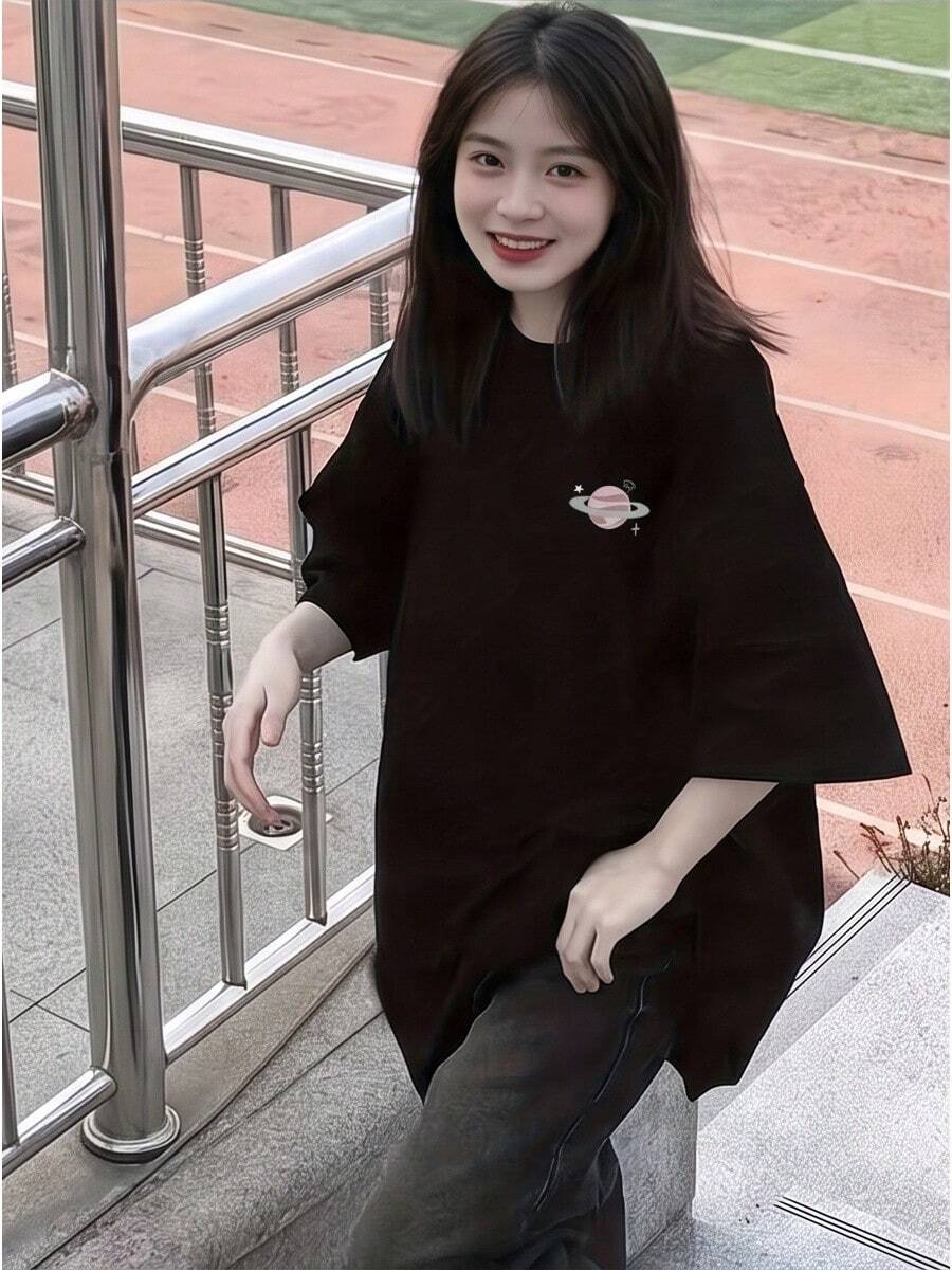 Women Minimalist Y2K Oversized Crew Neck Soft Opaque Breathable Versatile Summer Casual Tee Fast Local Delivery - 黑色 - 查看 1