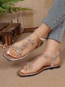 Girls' Exquisite Rhinestone Flower Sandals, Transparent Straps With Elastic Back Strap, Square Toe Flat Design, Suitable For Daily Casual And Party Wear - Gold - View 2