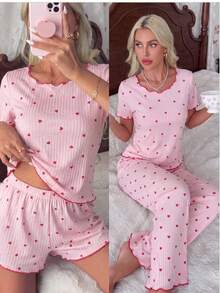 New Ribbed Heart Print Large Scoop Neck Short Sleeve Long Pants & Shorts 3 PiecesPajama Set For Women - Pink - View 1