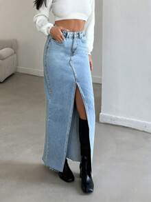 Dark Blue Long Maxi Denim Stretch Slit Slim Fit Normal Waist Women's Jeans Skirt - Baby Blue - View 4