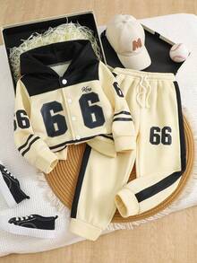 Boys Casual Sports "66" Number Graphic Long Sleeve Hoodie + Pants 2 Pieces Set, Autumn/Winter - Champagne - View 1