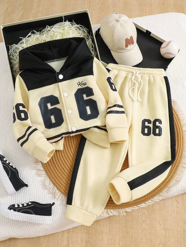 Boys Casual Sports "66" Number Graphic Long Sleeve Hoodie + Pants 2 Pieces Set, Autumn/Winter