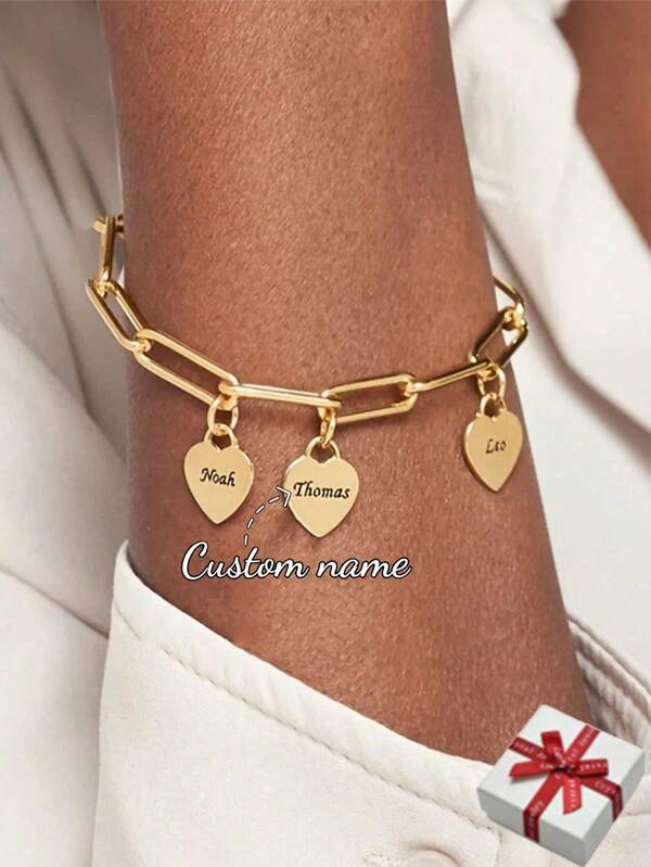 Personalized Heart-Shaped Name Bracelet, Customizable Engraving, Stainless Steel, Can Engrave 1-5 Names, Family Members, Square Chain Pendant, Party Accessory, Birthday, Anniversary, Christmas Gift, College Freshmen, Tarnish-Free