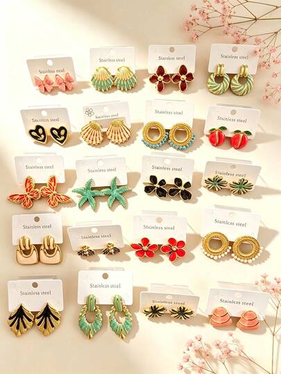 6/12/24PCS Bohemian Style Enamel Stainless Steel Women's Jewelry, Hypoallergenic Stainless Steel Earrings, Starfish/Shell/Butterfly/Flower/3D Embossed Gold Rim Ocean Style Set, Perfect For Shopping, Party, Island Travel, Music Festival, Afternoon Tea, All-Occasion Wear, Vacation Season