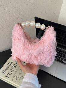 女款 3D 玫瑰腕包，大圓珍珠珠飾頂部手柄，甜美仙女風手提包，適合春季婚禮、新娘派對、情人節派對（花色隨機） - 粉色 - 查看 3
