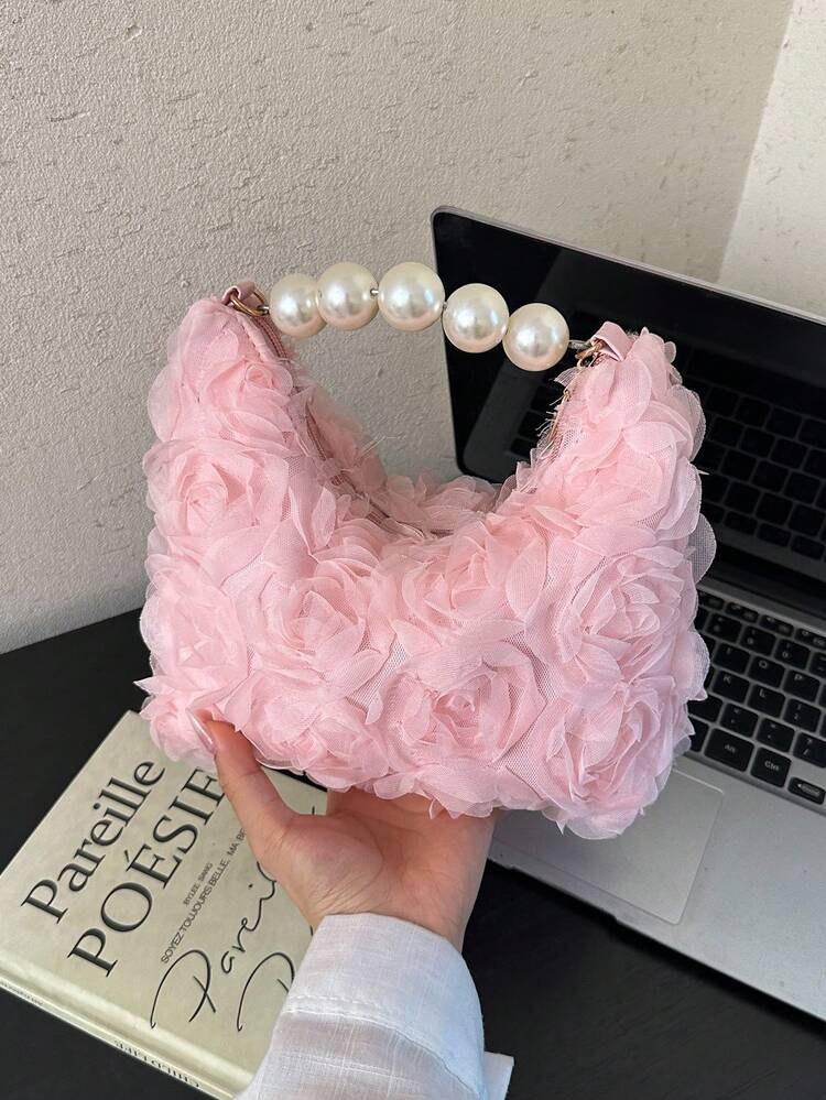Women 3D Rose Wrist Clutch Bag,Large Round Pearl Bead Top Handle, Sweet Fairy Handbag For Spring Wedding Bridal Shower Valentine Party(Pattern Random) - Pink - View 3