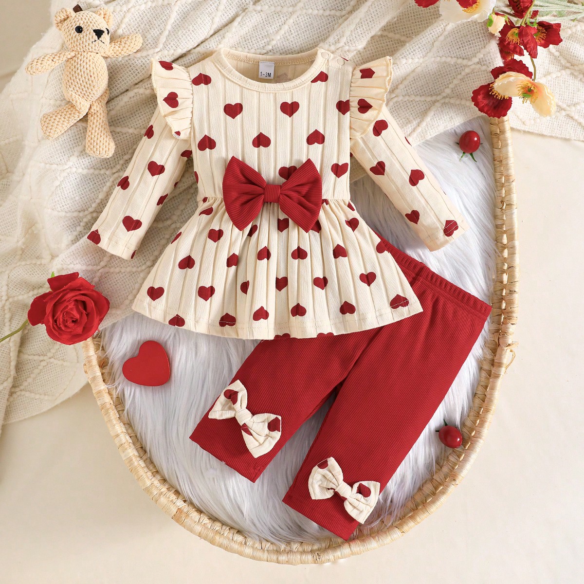 Newborn Baby Girl Gift Heart Print Flutter Sleeve Shoulder Top With Ribbed Bow Leggings Cute Sweet 2 Pieces Set