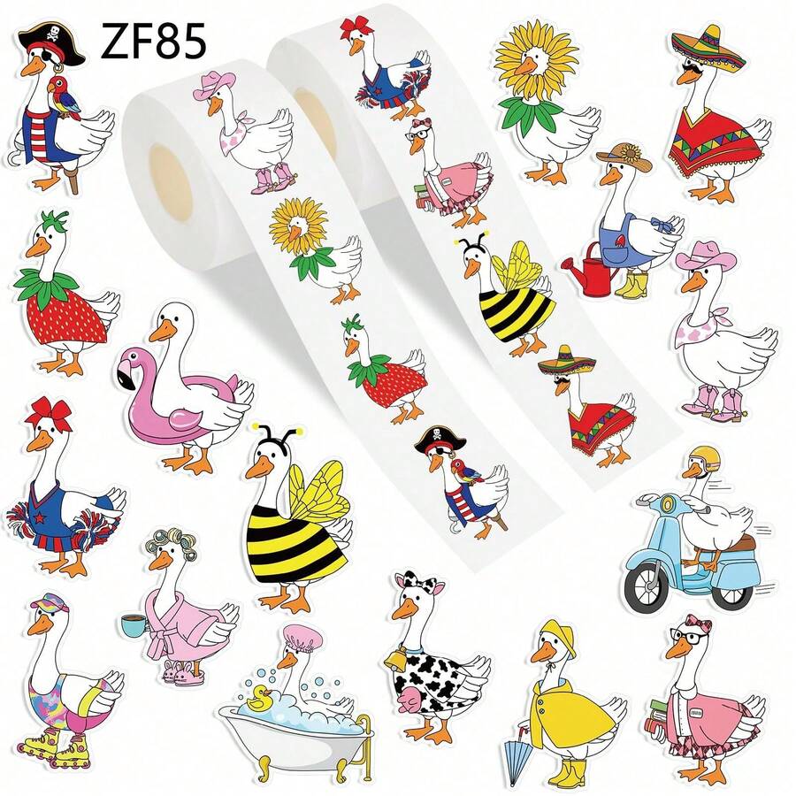 Pieces/2 Roll Cute Cartoon Funny Goose Stickers DIY Creative Hand Account Diary Coated Paper Stickers - Multicolor - View 1