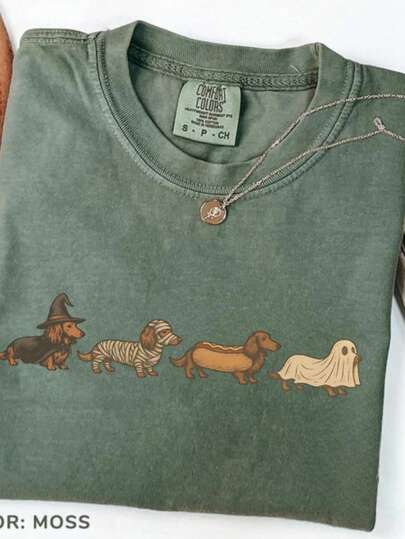 Cute Halloween Dachshund Dog Costume Graphic Tee Funny Witch Mummy Hot Dog Ghost Shirt Fall Autumn Aesthetic  Women Gift