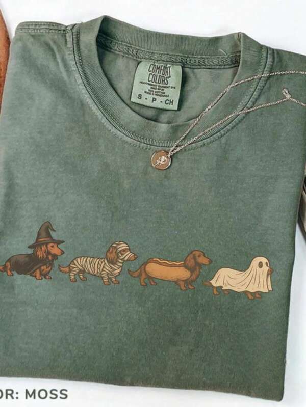 Camiseta Gráfica con Disfraz de Perro Salchicha Lindo de Halloween, Bruja Divertida, Momia, Perro Caliente, Fantasma, Estética de Otoño, Regalo para Mujeres
