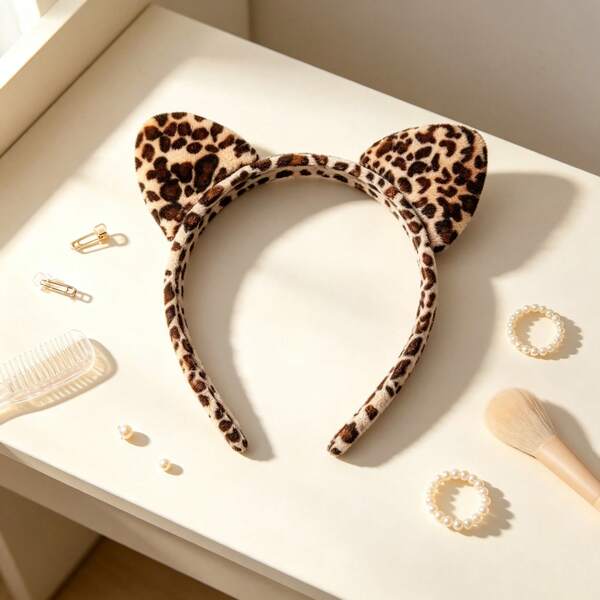 1pc Cat Ear Headband, Leopard Print Headband, Velvet Headband, Soft & Comfortable, Animal Pattern, Fashion, Women's Accessories, Young Women, Fashion Enthusiasts, Cute Style, Personalized Outfit, Hairband, Hair Accessory