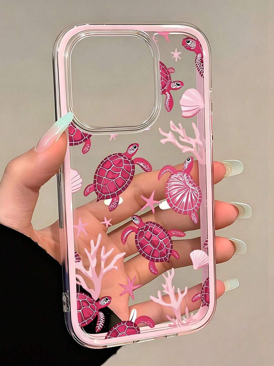 1pc Pink Coral Turtle 17 Pro Phone Case 16/15/14/13 Pro Max Apple 11 Transparent 12 Soft - Pink - View 1
